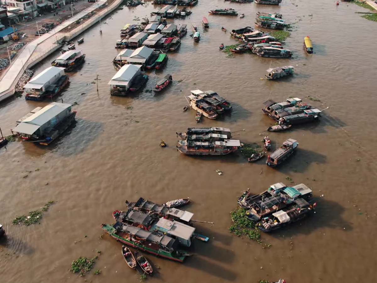 Mekong Delta floating market overview from above